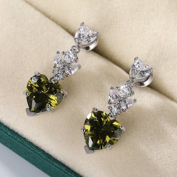 NEW Silver Green Peridot Diamond Drop Earrings - Picture 8 of 10